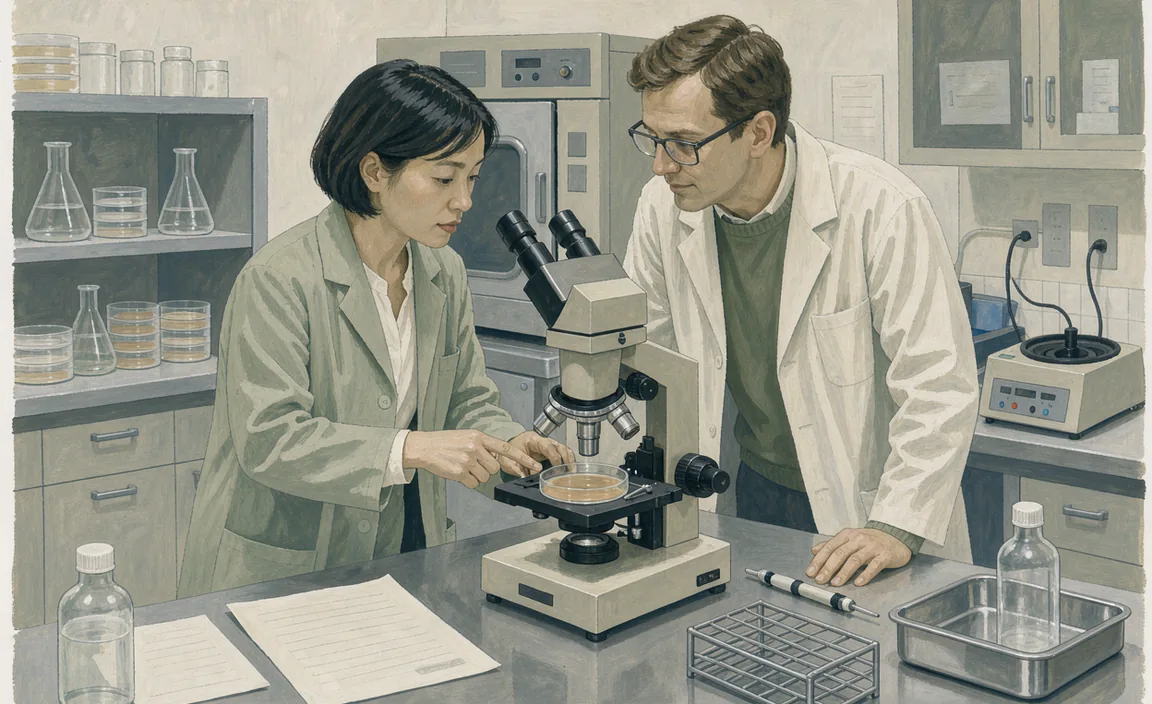 Two illustrated researchers discuss a culture dish beside an inverted microscope.