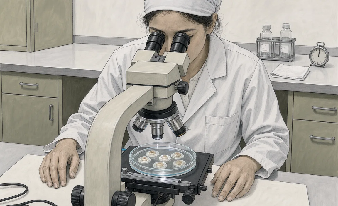 An illustrated embryologist observes a culture dish through a stereo microscope.