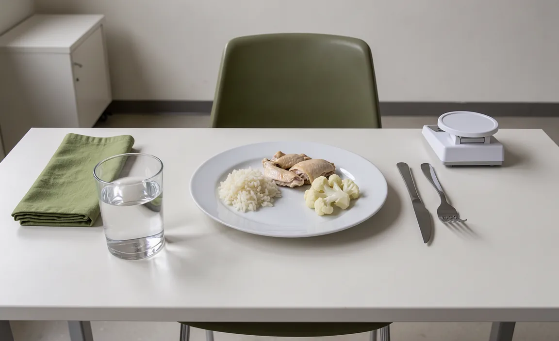 A meal, water glass and cutlery sit on a research-room table beside an olive chair.