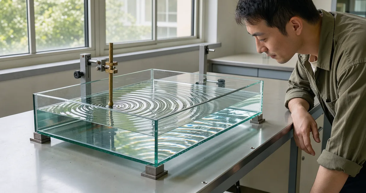 A technician watches concentric waves spread across a shallow glass ripple tank.