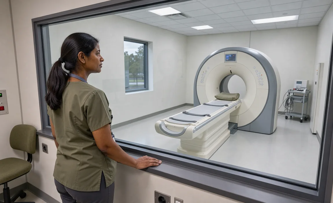 A technician looks through a control-room window toward an empty MRI scanner.